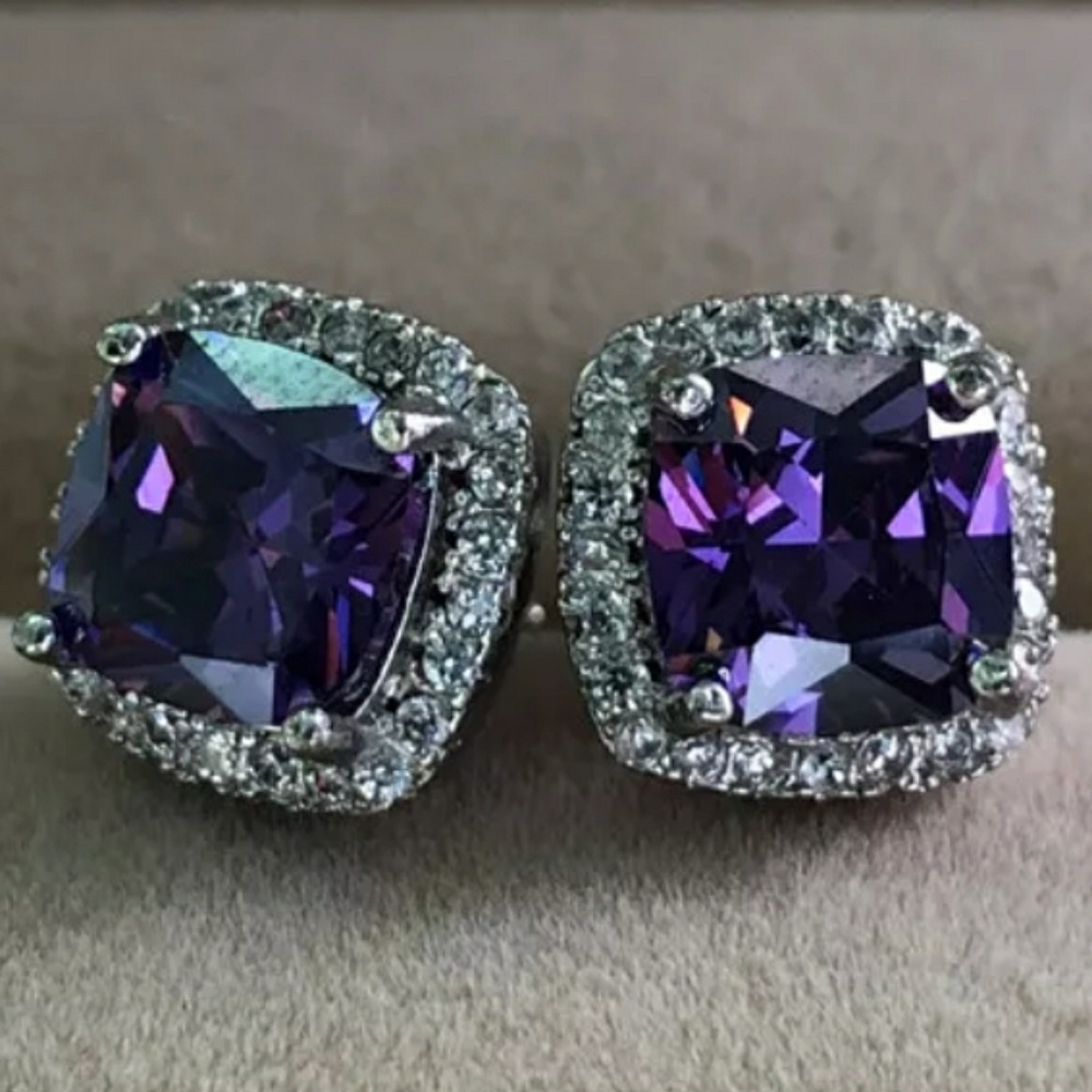 Purple Amethyst Diamond Halo Earrings Ear Ring - Picture 4 of 4